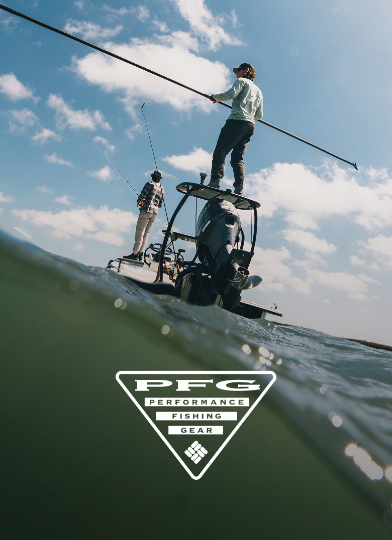 Two anglers standing on their boat with PFG logo at the bottom. 
