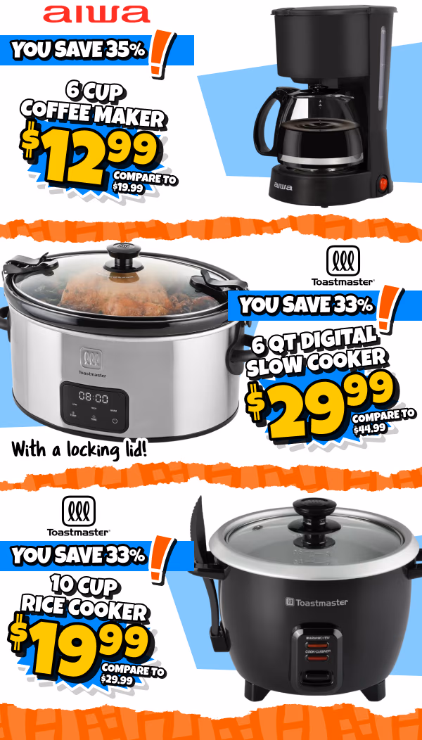 Small appliances such as a coffee maker, slow cooker, and rice cooker