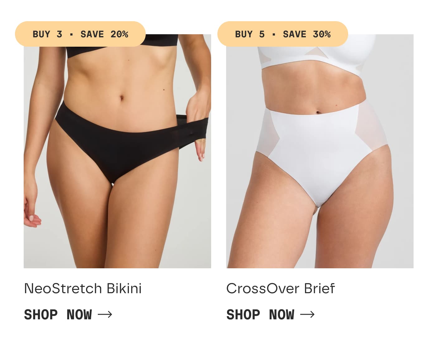 BUY 3 · SAVE 20% | NeoStretch Bikini | SHOP NOW | BUY 5 · SAVE 30% | CrossOver Brief | SHOP NOW