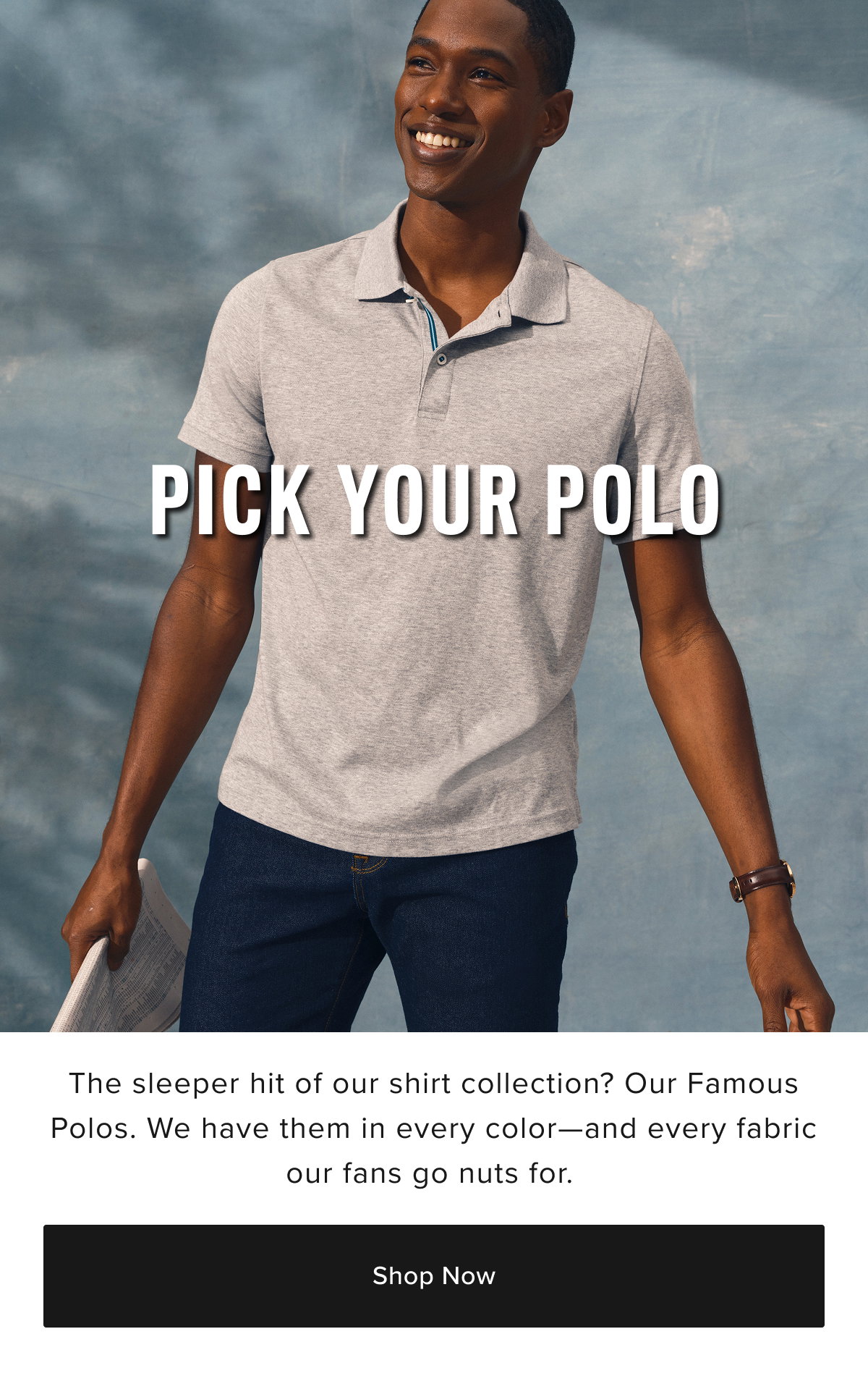 Model is wearing a gray UNTUCKit polo.