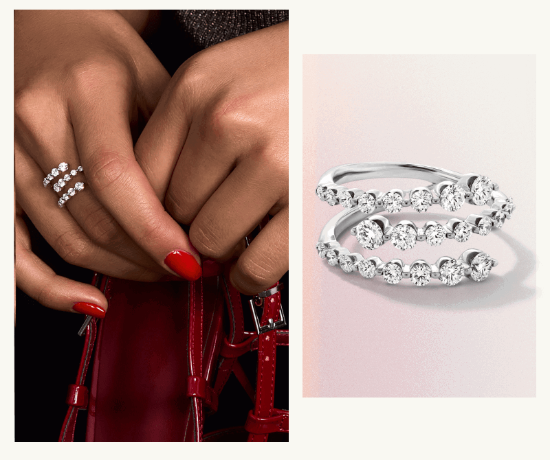 Three-layered diamond spiral ring, set in a white metal worn on model’s hand, alongside close-up of product.