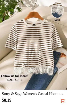 Story & Sage Women's Casual Home & Vacation Loose Striped T-Shirt With Lace Trim Patchwork, Short Sleeve, Spring/Summer
