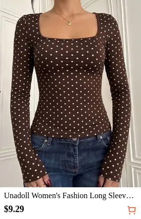 Unadoll Women's Fashion Long Sleeve Round Neck Polka Dot T-Shirt, Comfortable Knitted Fabric Top For Autumn, Slim Fit