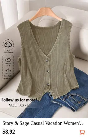 Story & Sage Casual Vacation Women's Tank Top Spring Summer Slim Fit Vest Snowflake Pattern Button Vest Black Tank Top