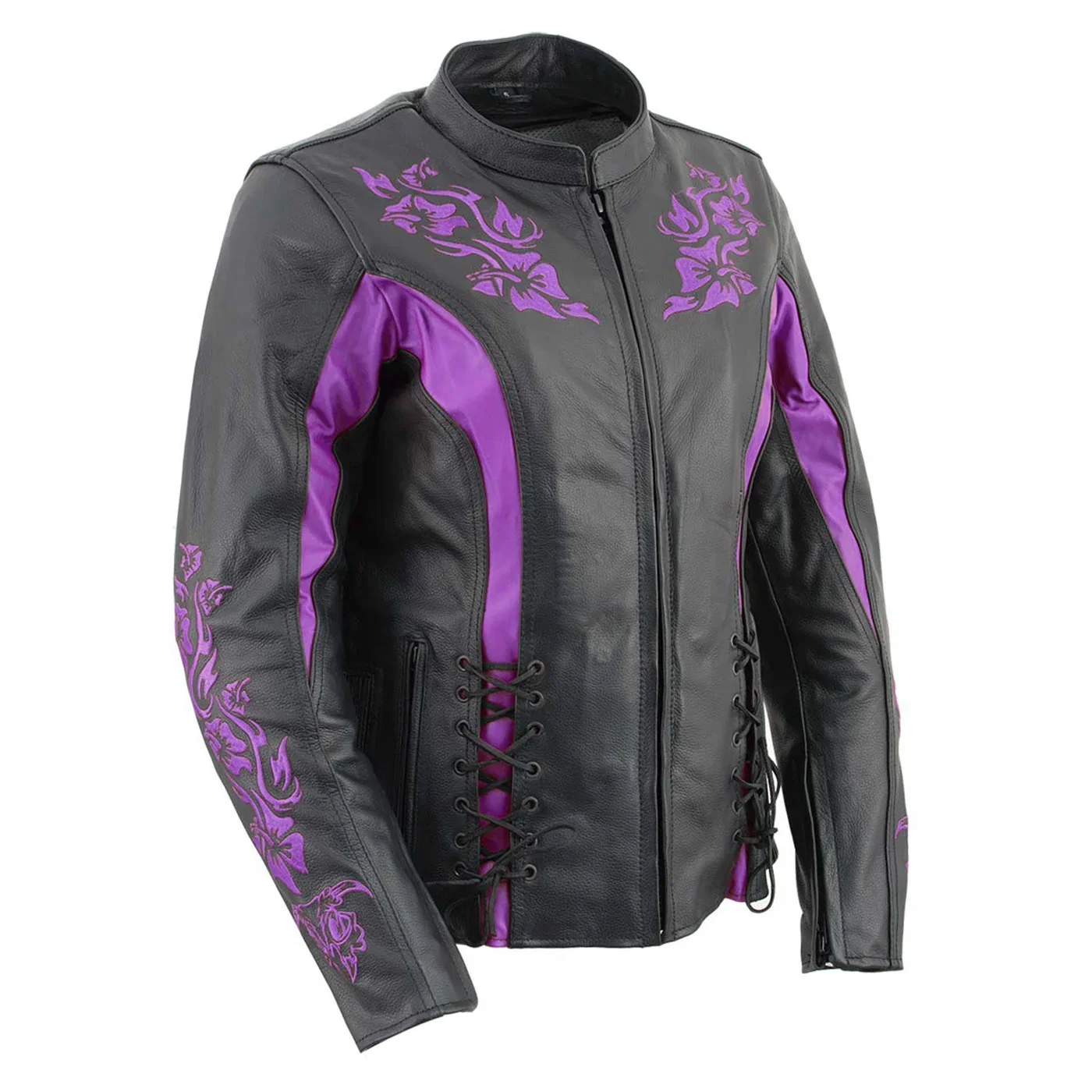 Image of Milwaukee Leather LKL27002 Women's Premium Black and Purple Leather Embroidered Jacket with CE Armor Protection