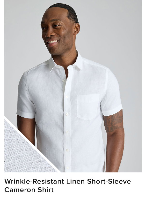Model is wearing Wrinkle-Resistant Linen Short-Sleeve Cameron Shirt