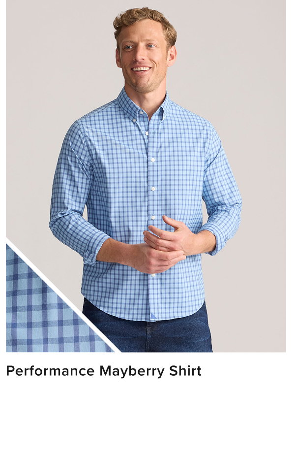 Model is wearing Performance Mayberry Shirt