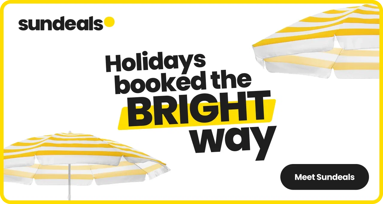 Promotional graphic for Sundeals featuring the headline “Holidays booked the BRIGHT way” in bold black text, with “BRIGHT” highlighted in yellow. Yellow-and-white striped beach umbrellas appear in the top-right and bottom-left corners, and a black button reads “Meet Sundeals.”