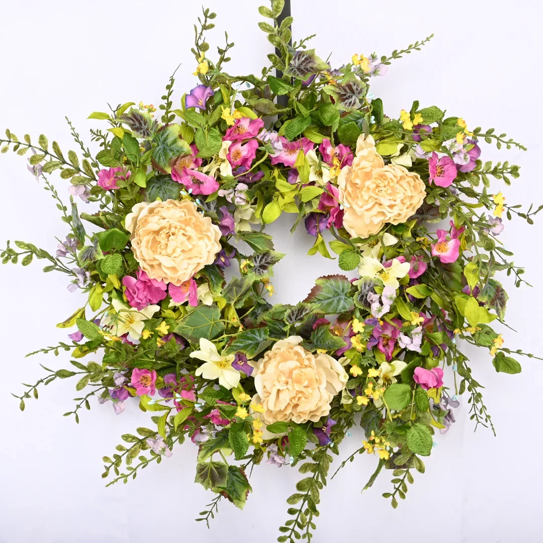 26" Handcrafted Faux Peony Morning Glory Wreath for Front Door