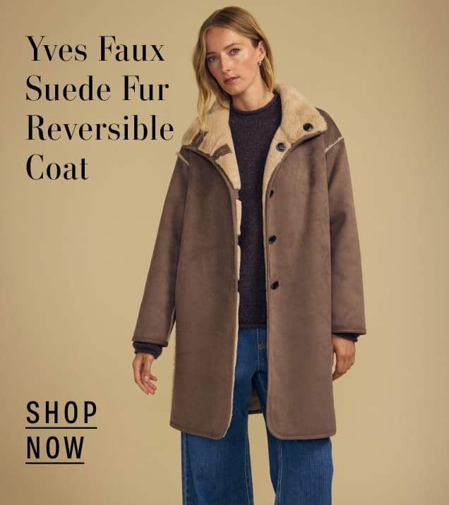 Image of model wearing Yves Faux Suede Fur Reversible Coat.