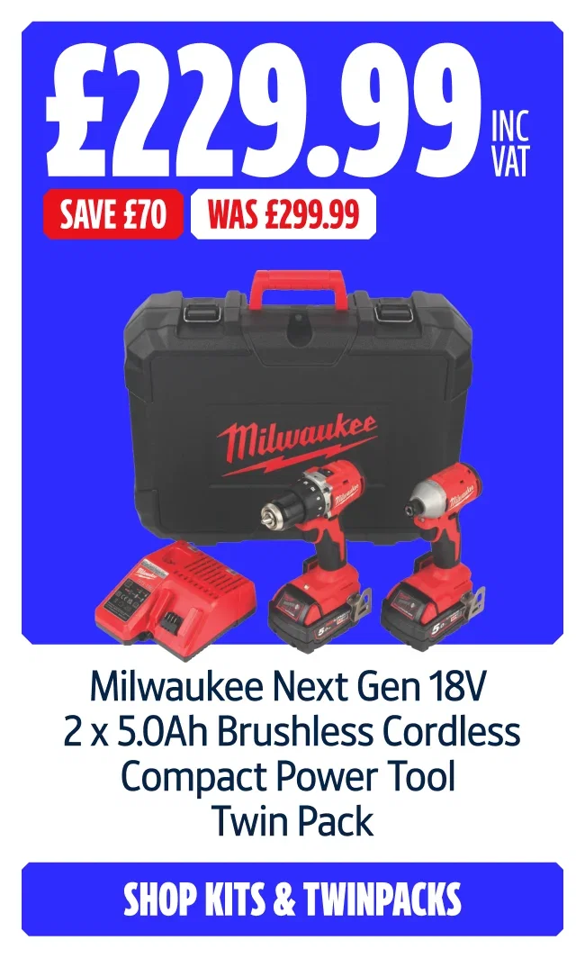 Save £70 on this Milwaukee Next Gen 18V 2 x 5.0Ah Li-Ion RedLithium Brushless Cordless Compact Power Tool Twin Pack. Now £229.99 Inc VAT Was £299.99. Shop kits and twinpacks