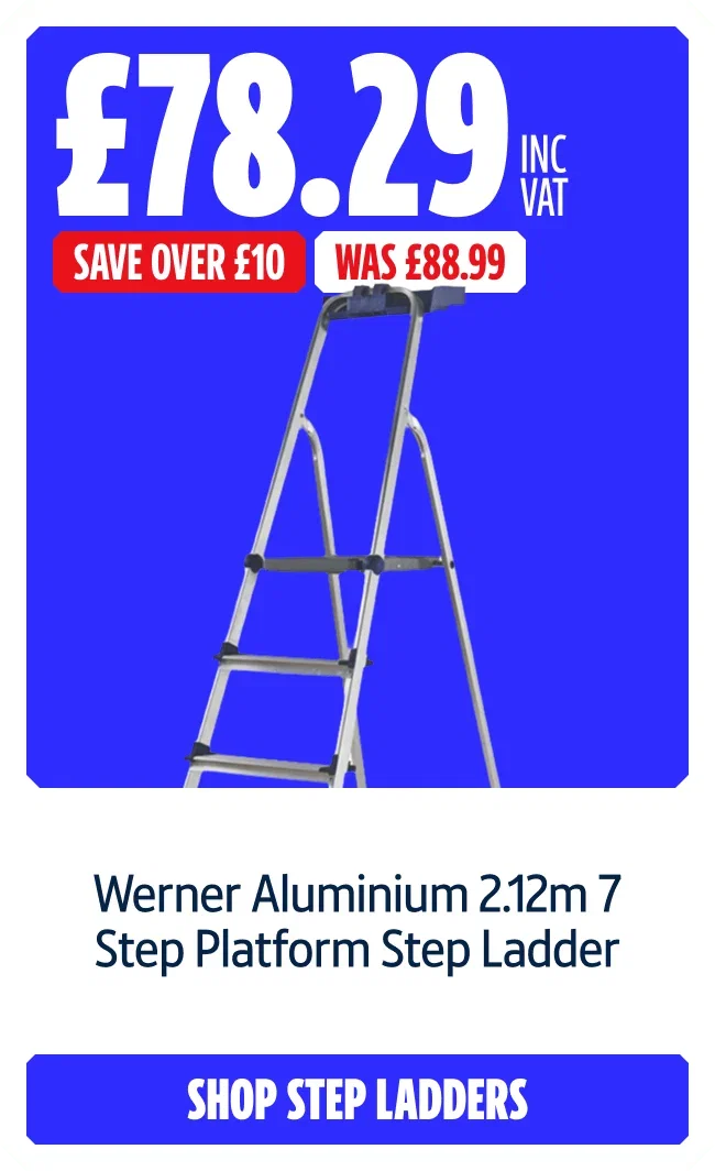 Save over £10 on this Werner Aluminium 2.12m 7 Step Platform Step Ladder. Now £78.29 Inc VAT Was £88.99. Shop step ladders