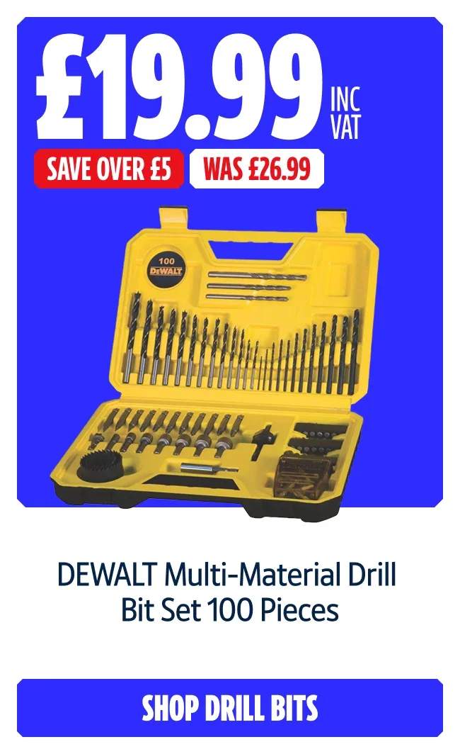 Save over £5 on this DEWALT Multi-Material Drill Bit Set 100 Pieces. Now £19.99 Inc VAT Was £26.99. Shop drill bits