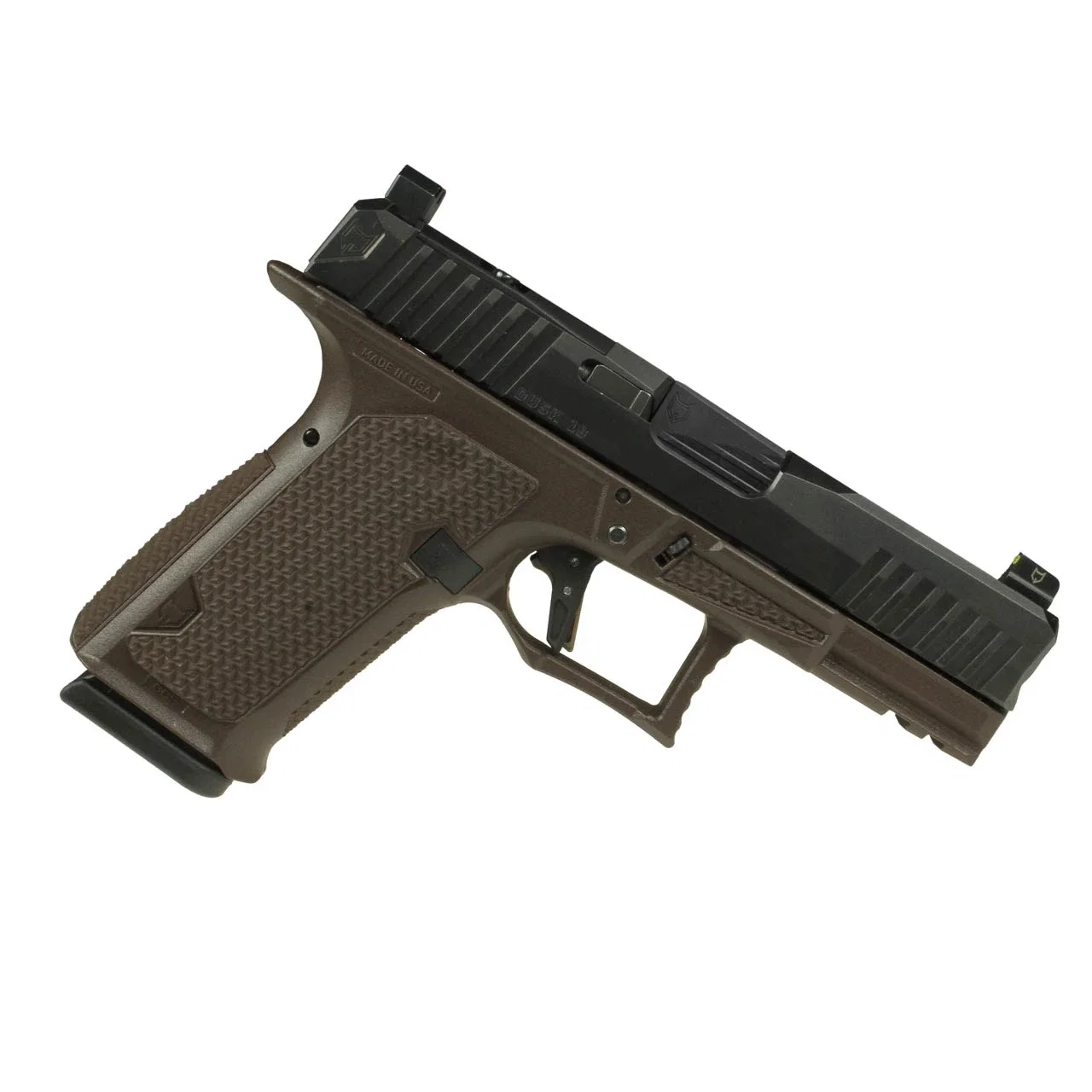 Discontinued Dusk 19 w/Black Slide, Brown Frame, Black Std. Barrel, NF Lower 1/3 Sights, Flat Trigger