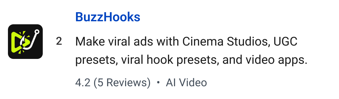 BuzzHooks: Make viral ads with Cinema Studios, UGC presets, viral hook presets, and video apps.