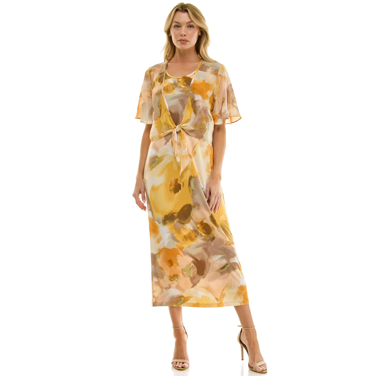 Image of Sleeveless Maxi Dress With Separate Front Tie Shrug In Sage/Yellow/Taupe
