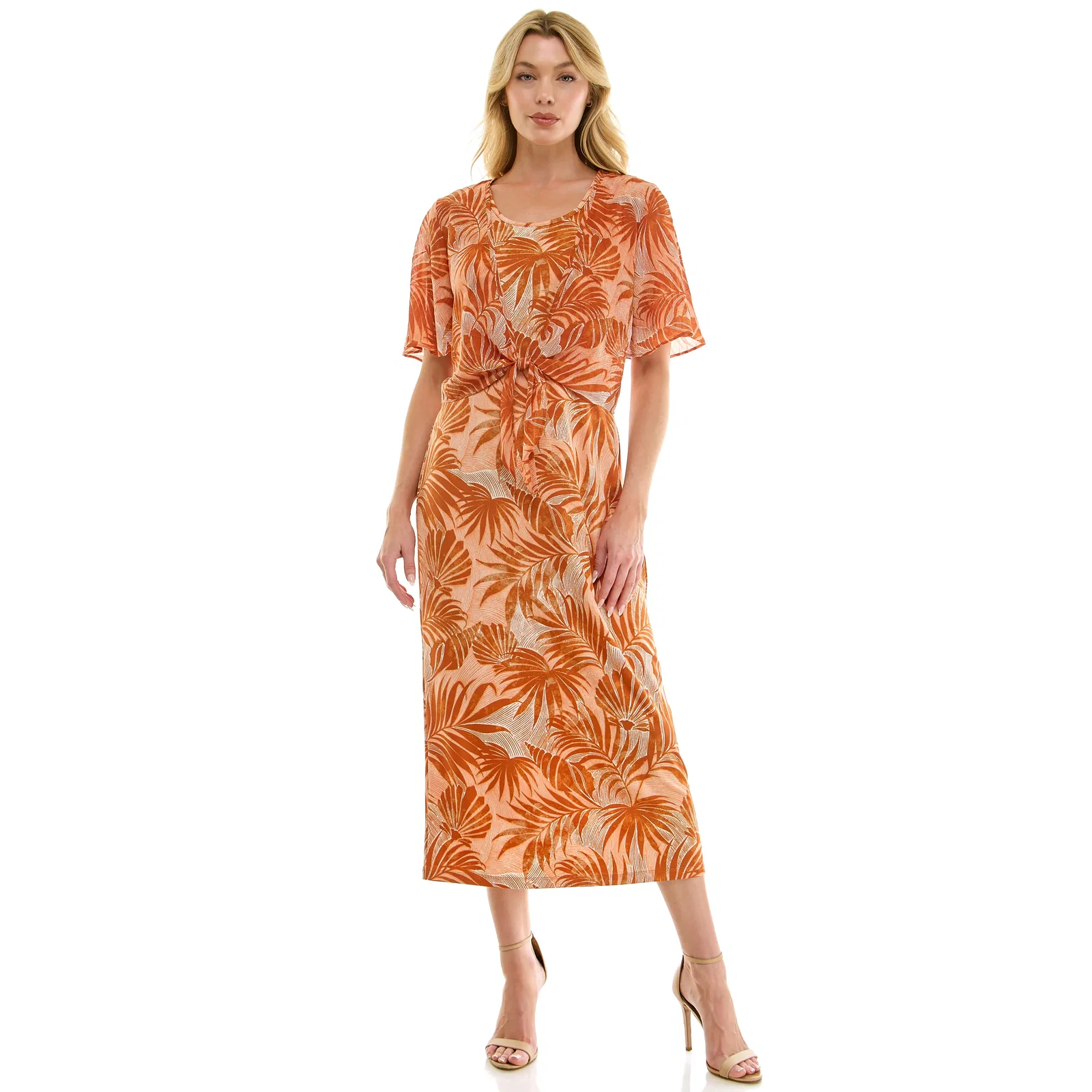 Image of Sleeveless Maxi Dress With Separate Front Tie Shrug In Clay/Rust/Ivory