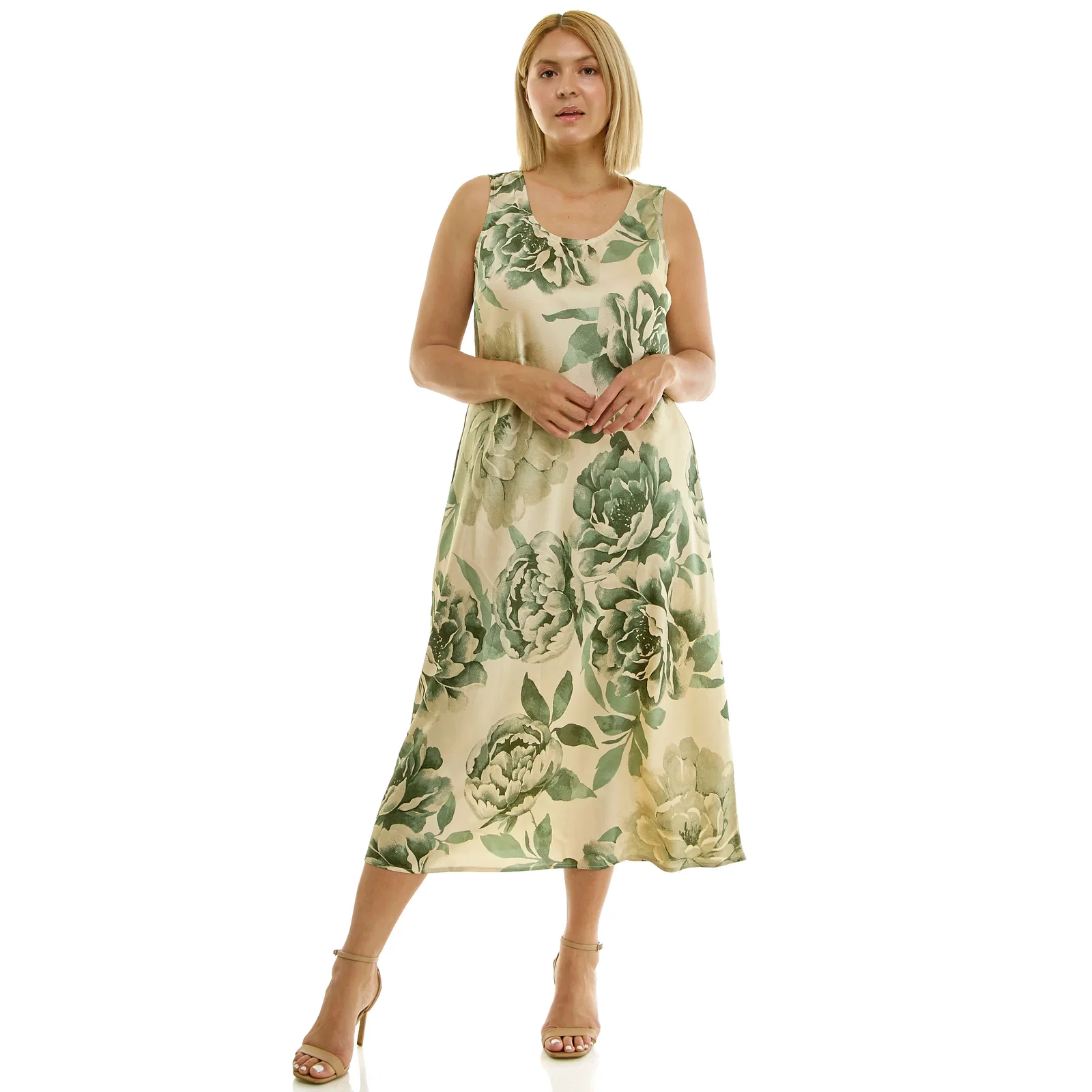 Image of Sleeveless Scoop Neck Maxi Dress In Tan/Olive/Green - Plus