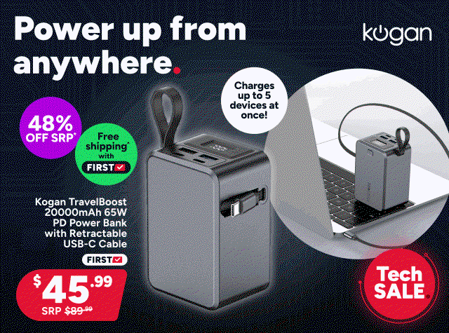 Kogan TravelBoost 20000mAh 65W PD Power Bank with Retractable USB-C Cable