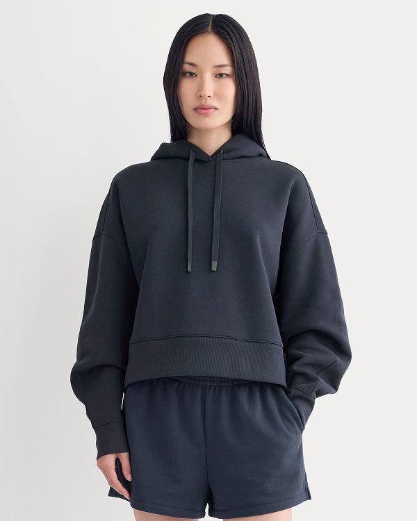 Image | Model in Cropped Luxe Fleece Hoodie | Navy