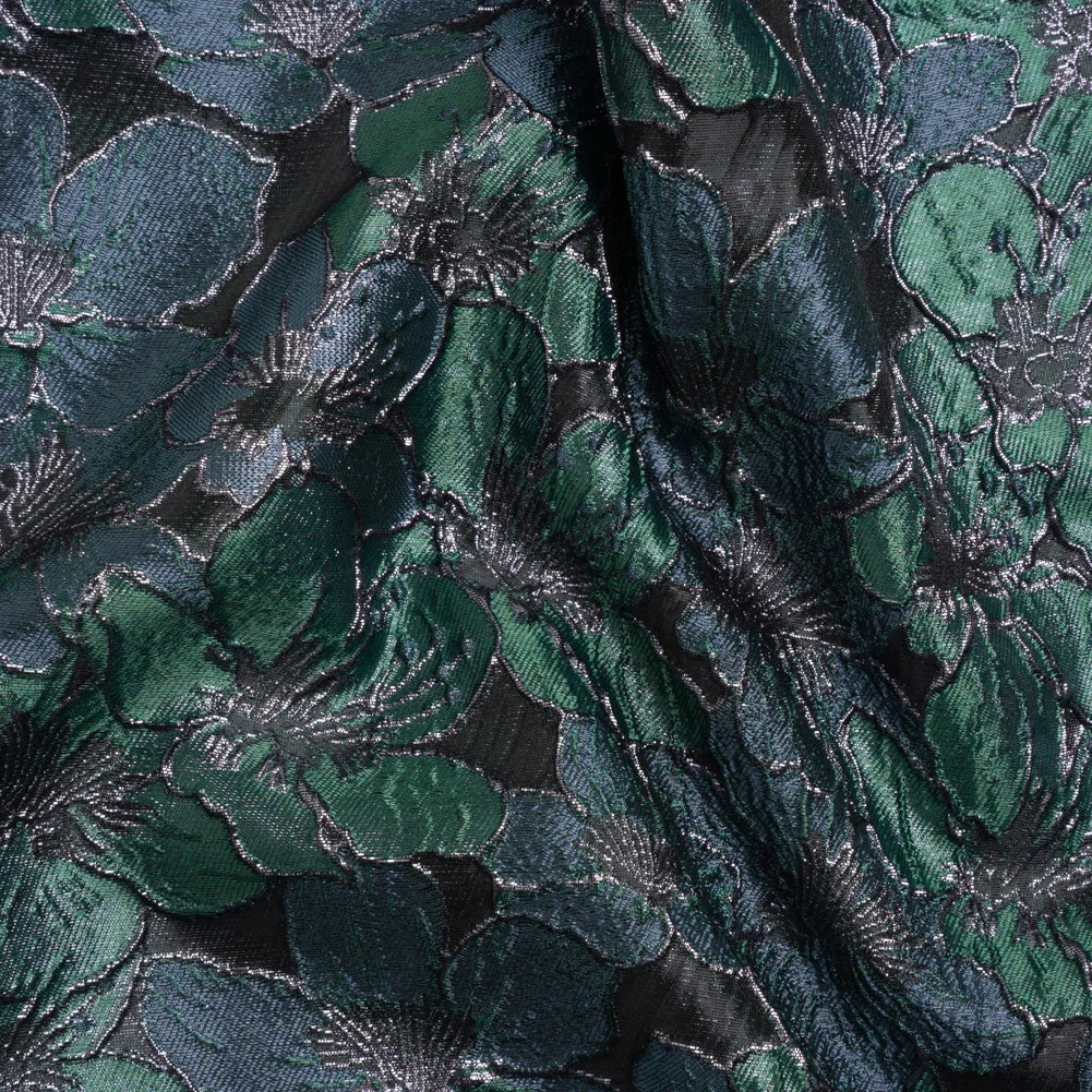Image of Metallic Black, Navy and Deep Green Floral Frolic Luxury Brocade