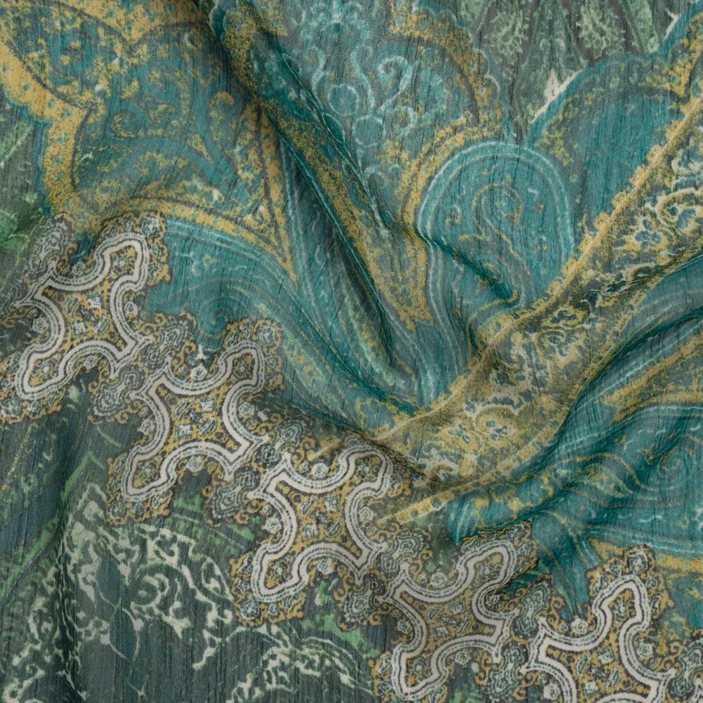Image of Crinkled Polyester Chiffon Print - Green and Golden Yellow Ornate Paisley Patchwork - Designer Deadstock