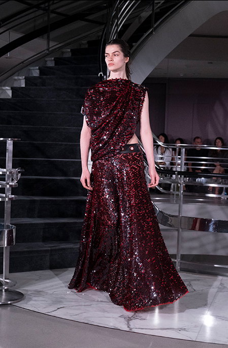 Front image of model on runway wearing Look 41 from the Spring 2027 Runway Collection