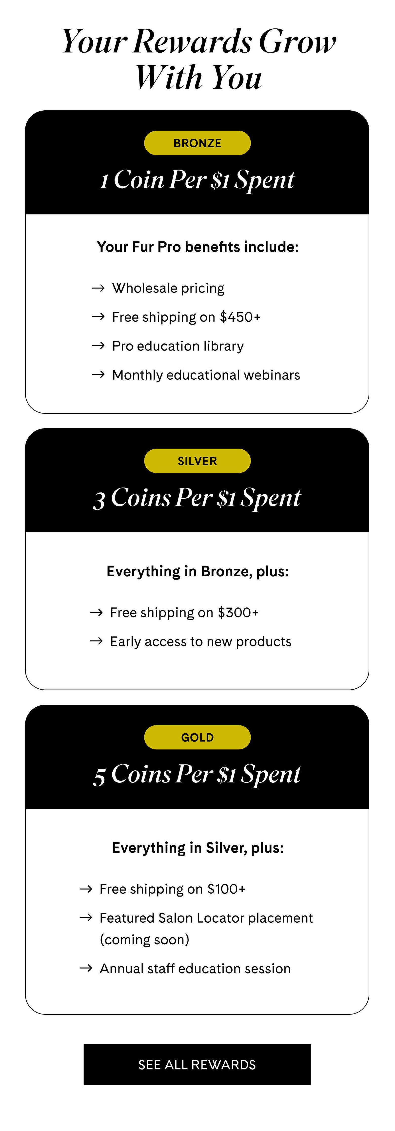 Your Rewards Grow With You  BRONZE 1 Coin Per $1 Spent  Your Fur Pro benefits include:  Wholesale pricing Free shipping on $450+ Pro education library Monthly educational webinars  SILVER 3 Coins Per $1 Spent  Everything in Bronze, plus:  Free shipping on $300+ Early access to new products  GOLD 5 Coins Per $1 Spent  Everything in Silver, plus:  Free shipping on $100+ Featured Salon Locator placement (coming soon) Annual staff education session SEE ALL REWARDS