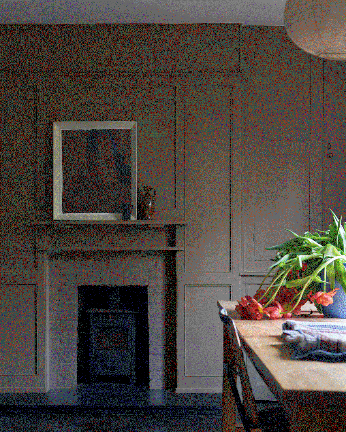 Animated sequence featuring interiors painted in Farrow & Ball Mouse's Back, showcasing the colour's warm, earthy character. 