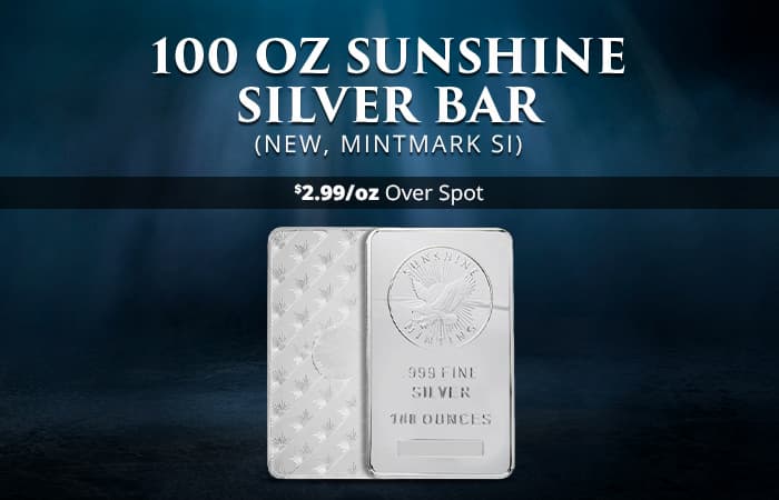 ON SALE: 100 oz Sunshine Silver Bar (New, MintMark SI)