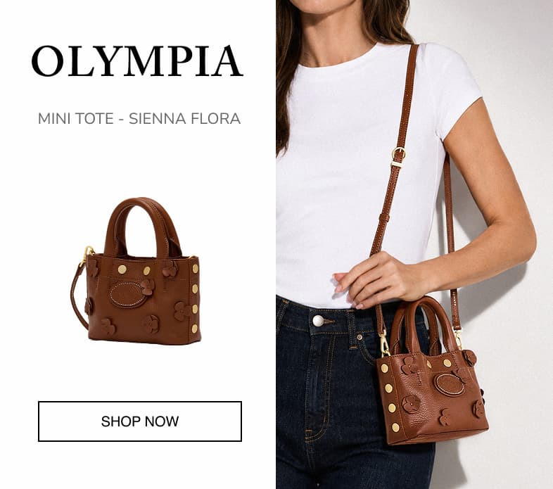 Olympia Mini Tote in Sienna Flora, a brown leather mini tote with floral appliqué and gold hardware, shown worn by a model and as a product image. SHOP NOW.