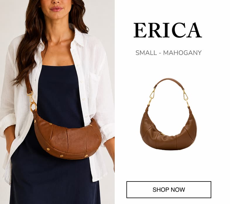 Erica Small in Mahogany, a rich brown leather shoulder bag with gold hardware, shown worn by a model and as a product image. SHOP NOW.