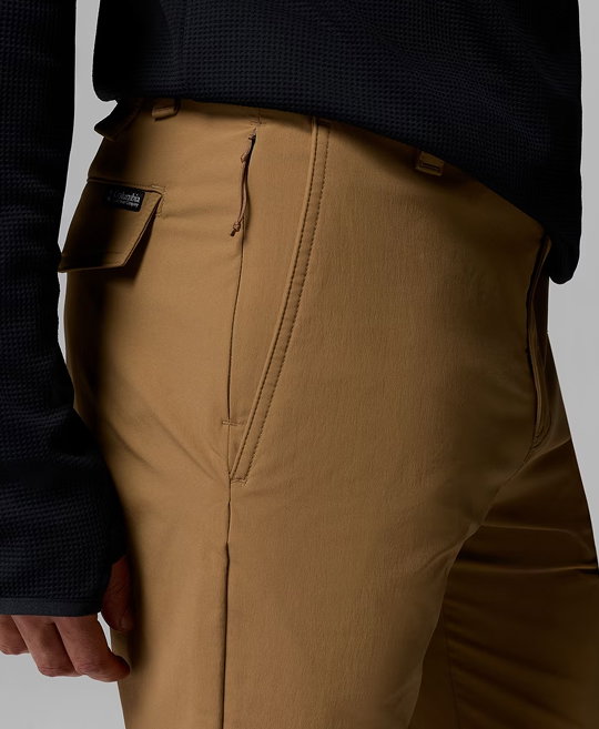A model facing to the side, wearing brown pants.