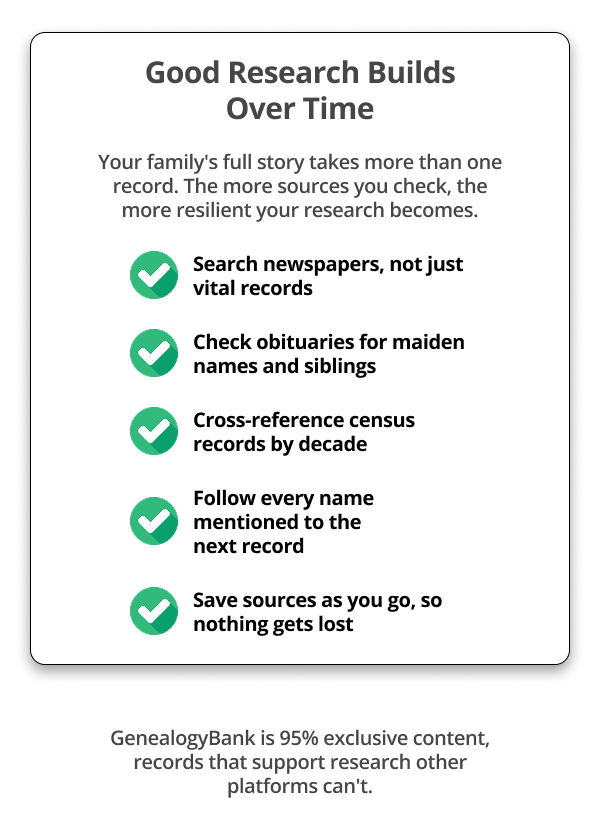Good Research Builds Over Time Your family's full story takes more than one record. The more sources you check, the more resilient your research becomes.