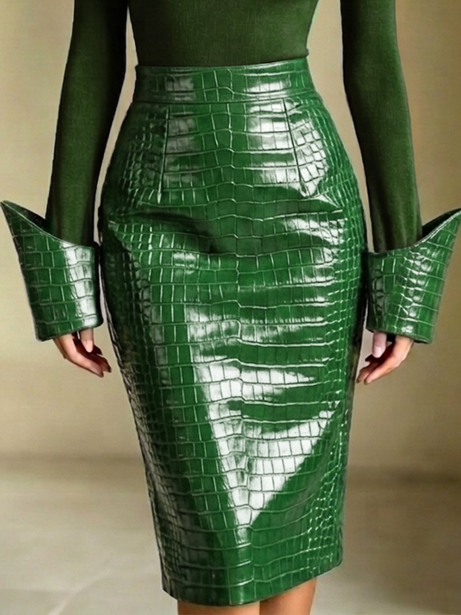 Urban Solid PU Leather Fully Lined Zipper Midi Pencil Skirt