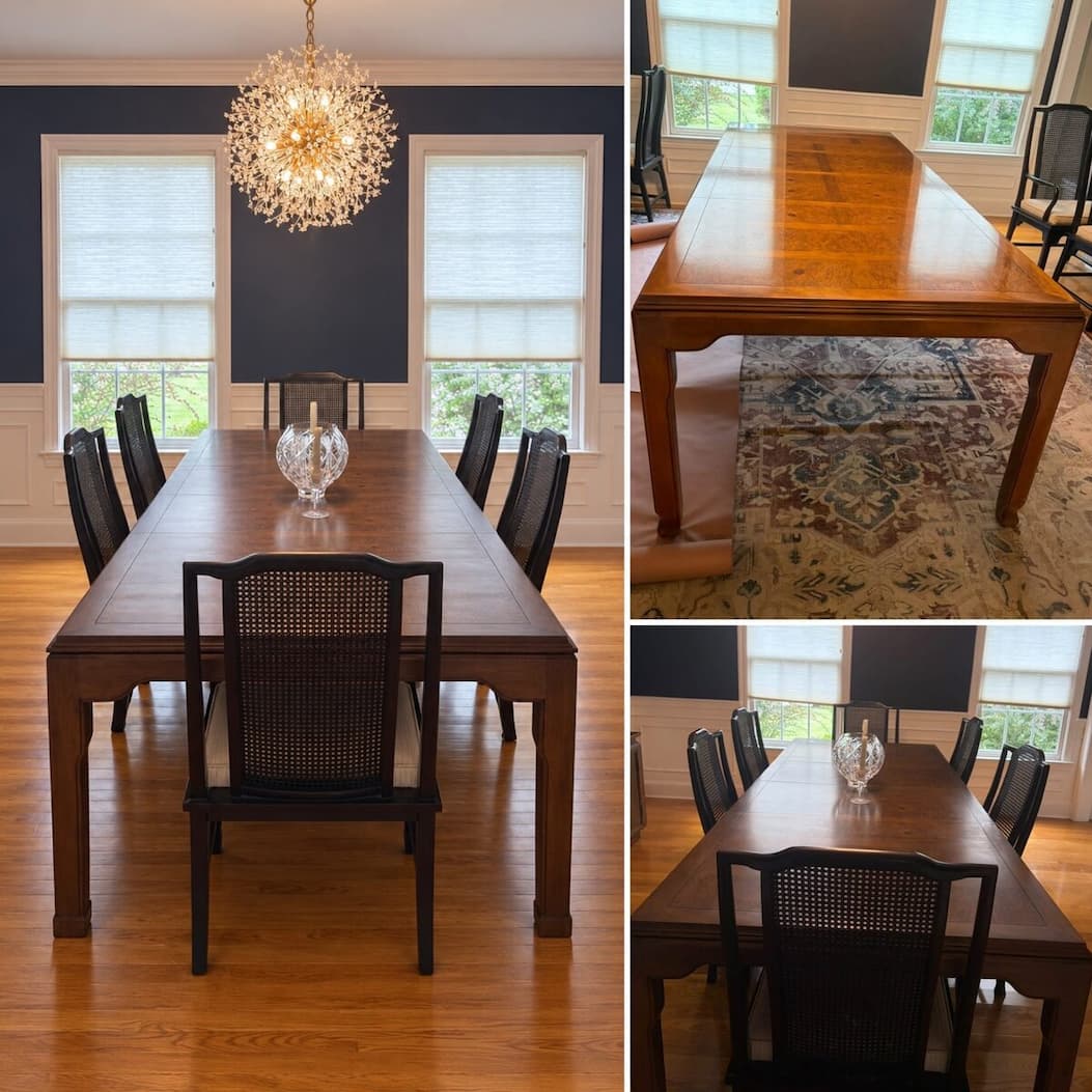 Before and after of a customer’s dining table transformed with Miracle Veil™ Red Toner to soften red and orange tones while preserving the wood grain.