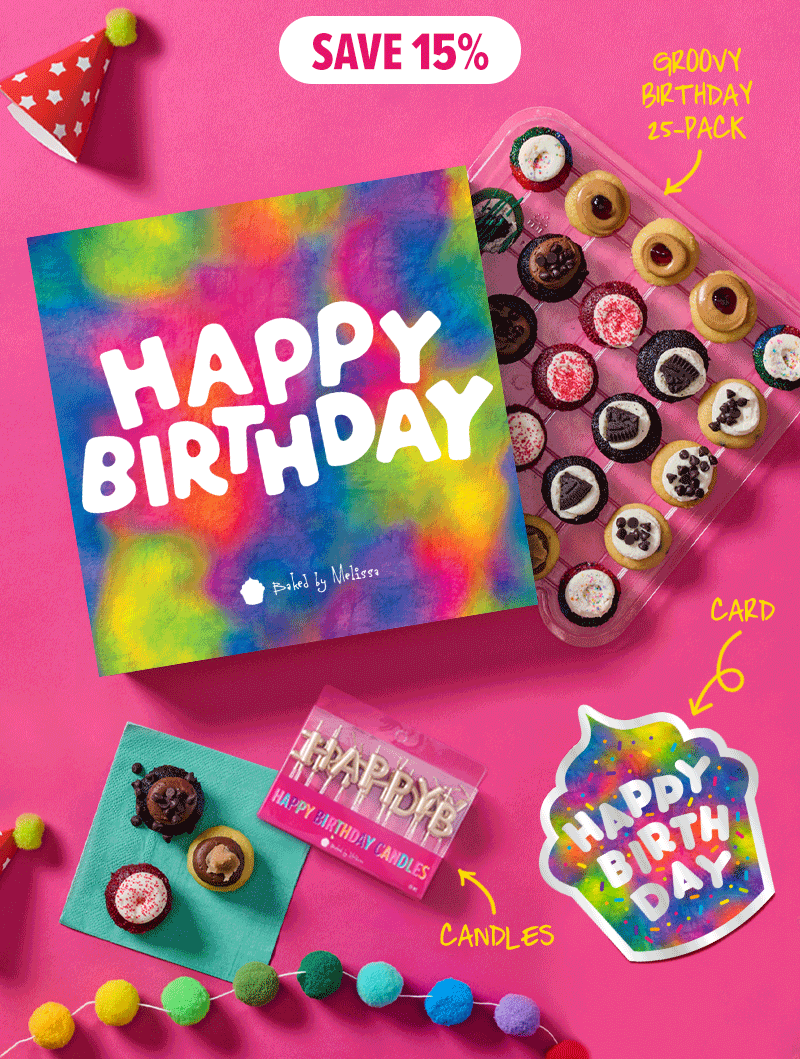 Save 15% on the ultimate birthday bundle! A Groovy birthday gift box cupcake 25-Pack, card, and candles.