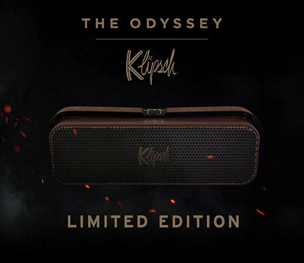 Klipsch x The Odyssey Limited Edition Portable Bluetooth Speaker on a fiery and smokey background