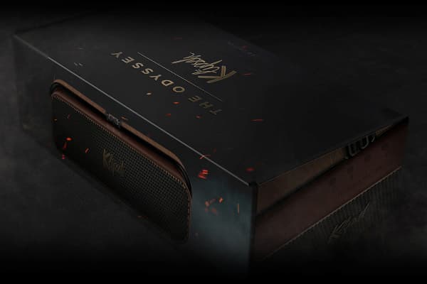 Custom designed box for the Klipsch x Odyssey speaker on a fiery and smokey background.