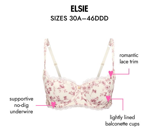Elsie SIZES 30A–46DDD. Supportive no-dig underwire, romantic lace trim, lightly lined balconette cups