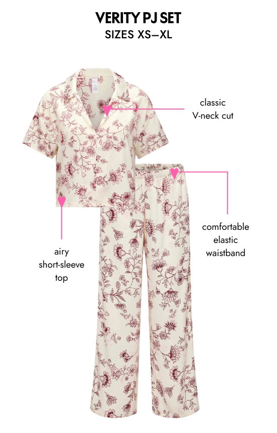 Verity PJ Set SIZES XS–XL. Classic V-neck cut, airy short-sleeve top and comfortable elastic waistband