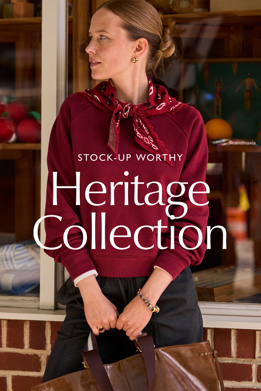 Stock-Up Worthy: Heritage Collection. Image of model in Heritage sweatshirt from EVEREVE