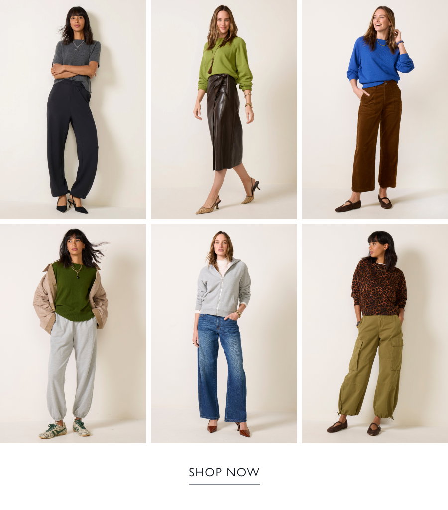 Grid of 6 images of fashion models in Heritage tops or bottoms from EVEREVE. SHOP NOW