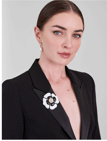 Black and White Camellia Brooch with Pearl Center