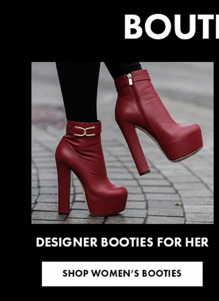 Red platform heeled booties with gold buckle detail, with text "Designer Booties for Her" and "Shop Women's Booties".