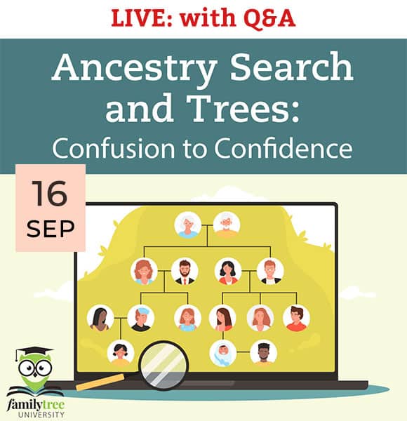 A graphic showing a laptop with a family tree, headshots, and a magnifying glass, advertising a live ancestry search webinar with Q&A on September 16.