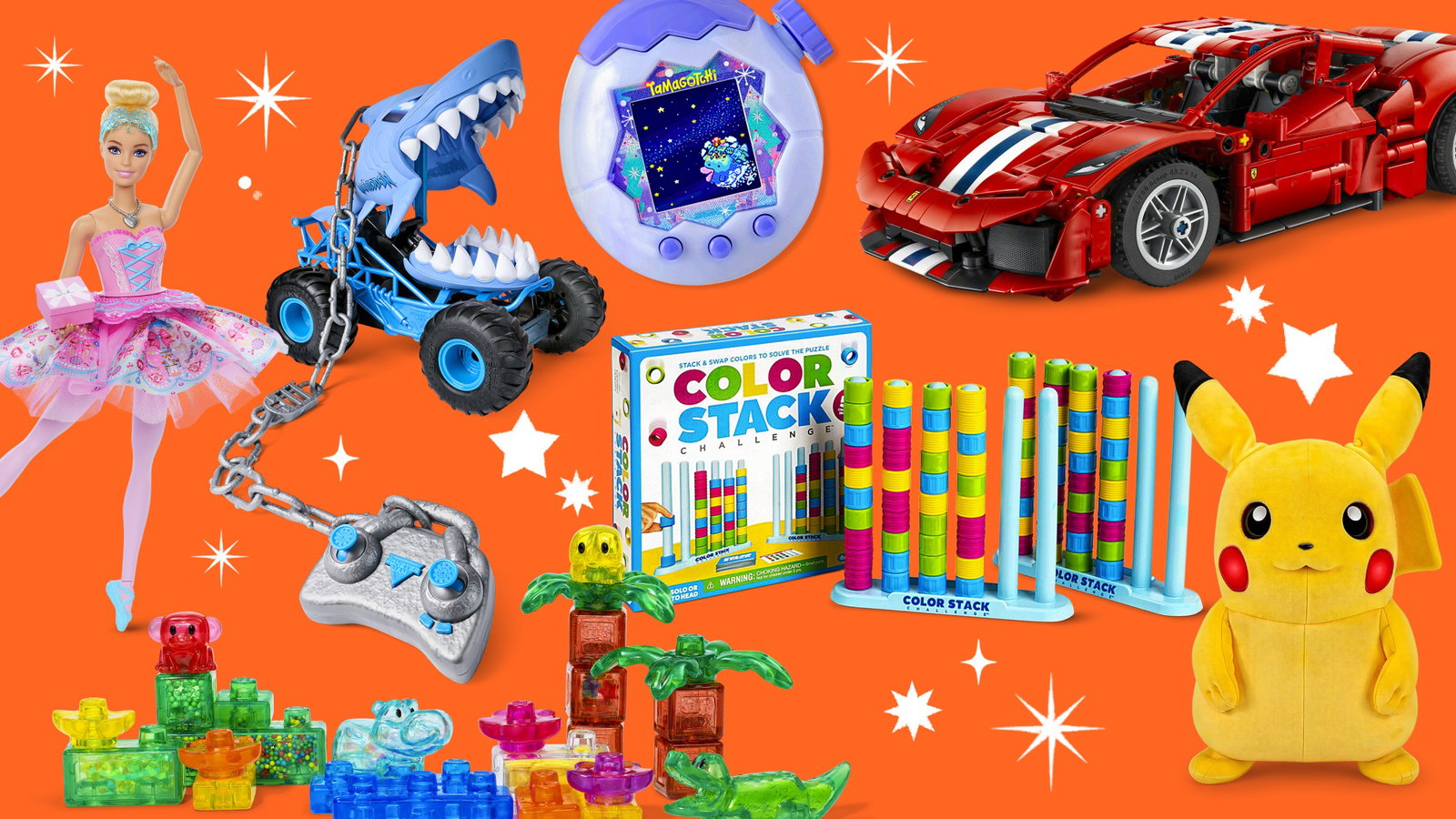 Bright orange display of playsets and toys.