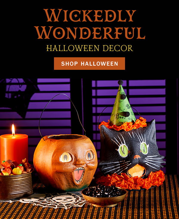 Wickedly Wonderful Halloween Decor. Shop Halloween. Jack-o'-Lantern Papier-Mache Halloween Bucket, Black Cat Papier-Mache Halloween Bucket