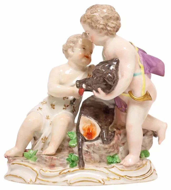 FINE MEISSEN (ATTRIB) PORCELAIN FIGURAL GROUP,  CHERUBS HUNTING BOAR