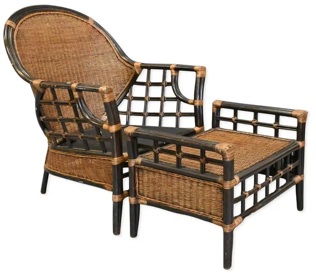 Bamboo and Woven Rattan Armchair and Ottoman